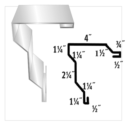 Diagram of a silver metal profile, showing side and cross-section views with measurements, for architectural applications.