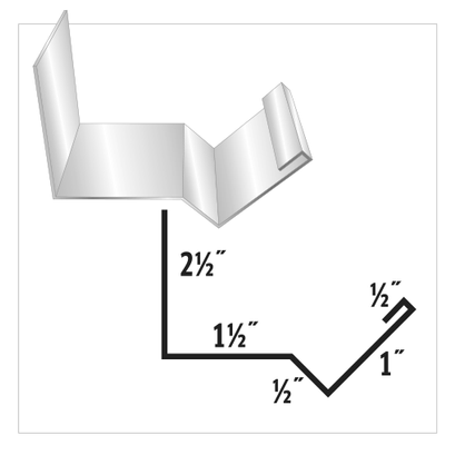 Diagram of a metal flashing profile, with labeled dimensions showing the shape and sizes of the bends.