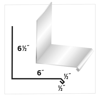 Diagram of an L-shaped metal flashing with dimensions: 6.5 inches tall, 6 inches wide, and a 0.5-inch folded lip.