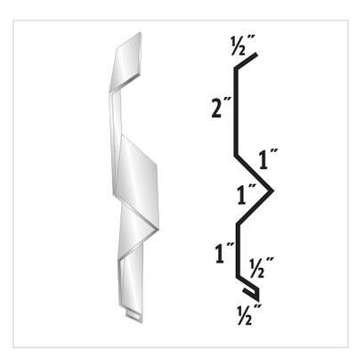 Diagram and 3D rendering of a folded metal strip. Side view shows a zig-zag shape, with dimensions labeled.