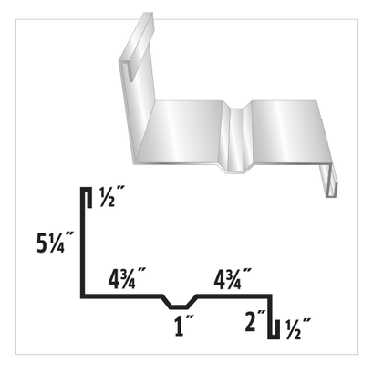 Diagram of a metal flashing profile with dimensions, in profile and angled views.