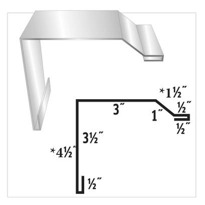 Diagram of a metal flashing profile, showing dimensions and a 3D rendering of the shape.