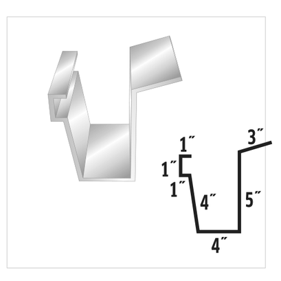 Diagram of a metal gutter profile, showing dimensions. The gutter is silver and has a unique shape.