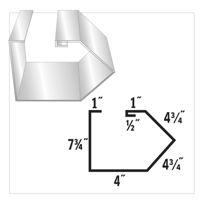 Diagram of a metal gutter profile with labeled dimensions.