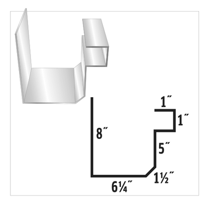 Diagram of a metal gutter profile with labeled dimensions: 8