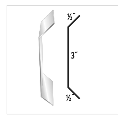 Silver cabinet pull with a 3-inch center section and 1/2-inch angled ends.