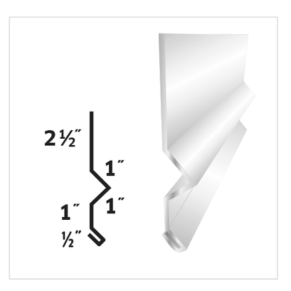 Diagram and 3D rendering of white vinyl siding profile, showing dimensions: 2.5