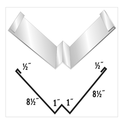 Diagram of a metal corner flashing with dimensions: two 8 1/2 inch sides, 1 inch folds, and 1/2 inch tabs.