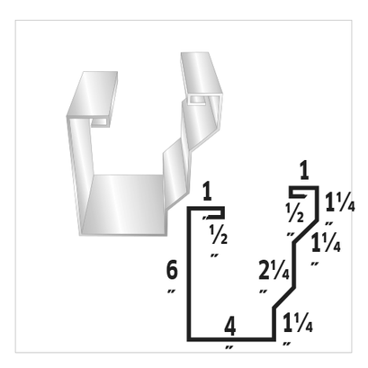 Cross-section diagram of a metal extrusion profile with dimensions labeled in inches.