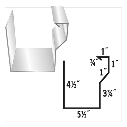 Diagram of a sectional gutter profile with dimensions labeled in inches.