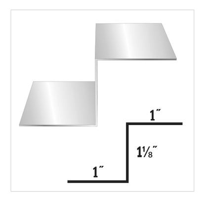 Profile illustration: Stair step metal flashing with labeled dimensions.