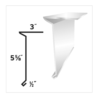 A clear, angular bracket, white, with measurements labeled: 3