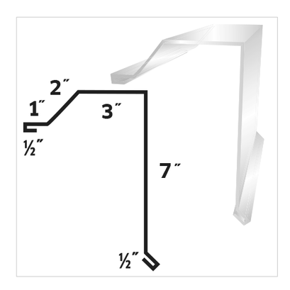 Diagram of an L-shaped metal flashing profile with labeled measurements in inches.