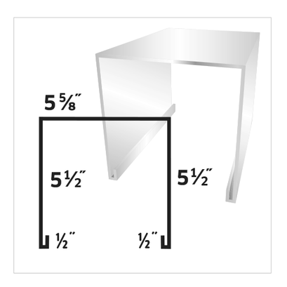 Diagram of a clear acrylic shelf. The shelf is U-shaped, with dimensions of 5 5/8
