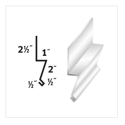 Diagram of a metal flashing profile with dimensions in inches, and a 3D rendering of the profile.