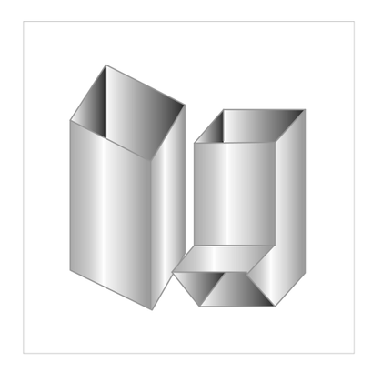 Two angled, open-top metallic containers: a tall one and a shorter one with a triangular base.