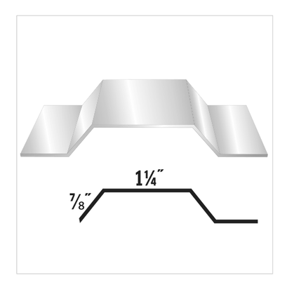 Diagram of a metal roofing seam, with dimensions labeled: 1 1/4 inches and 7/8 inches.