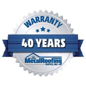 Warranty seal for Lake Florida Metal Roofing: 40 years. Blue and white with text.