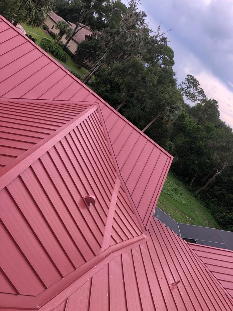 Red metal roof on a building with trees in the background and a cloudy sky.