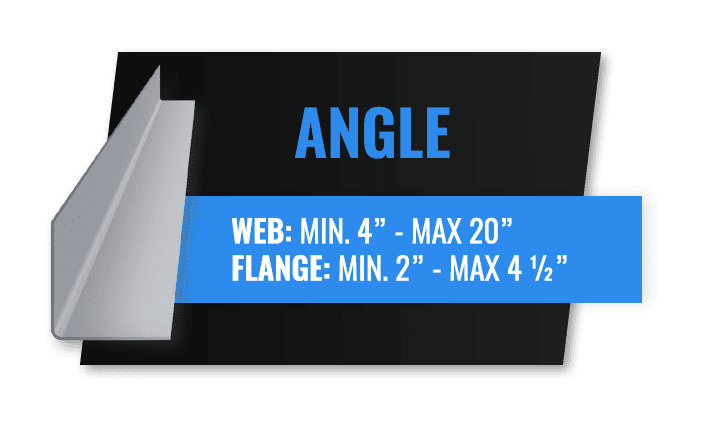 A metal angle with text describing dimensions: web (4-20 inches) and flange (2-4.5 inches).