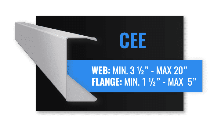 Diagram of a CEE steel beam profile with dimension specifications for web and flange sizes.