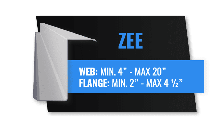 Diagram of a ZEE metal shape with web and flange dimensions: web 4