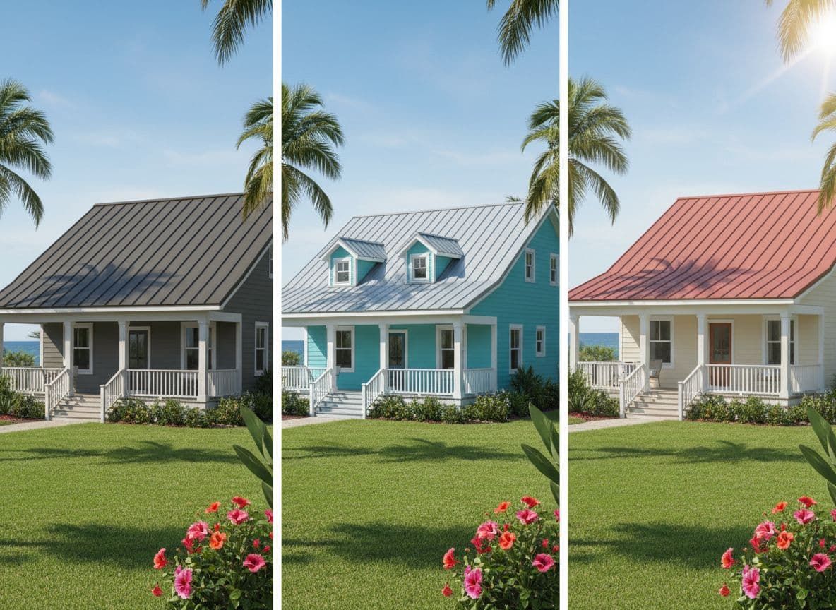 House with red metal roof, light gray siding, tan shutters and door, on a green lawn, surrounded by trees.
