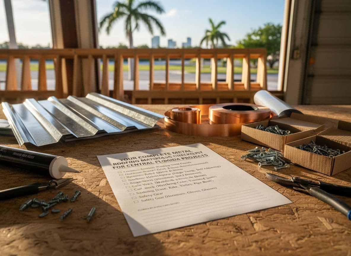 Beige house with light blue metal roof, surrounded by green lawn, trees, and shrubbery.
