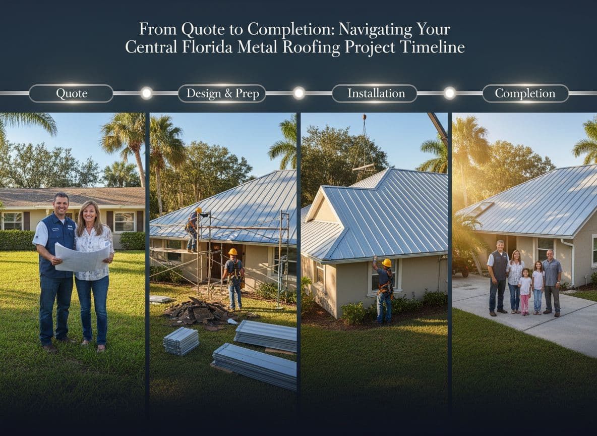 White stucco house with blue shutters, metal roof, and palm trees.