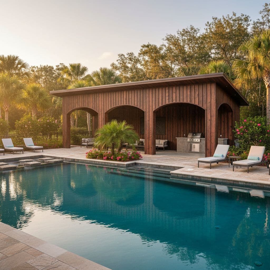 3D rendering of a barn-style building with a red roof, viewed from a ground-level perspective against a cloudy sky.