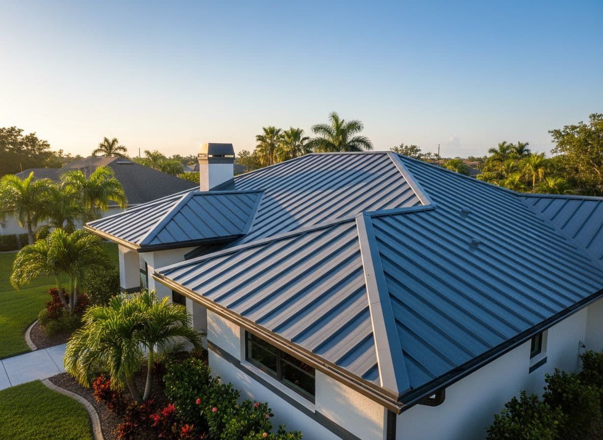 Two-story gray house with blue metal roof, surrounded by trees and a green lawn.