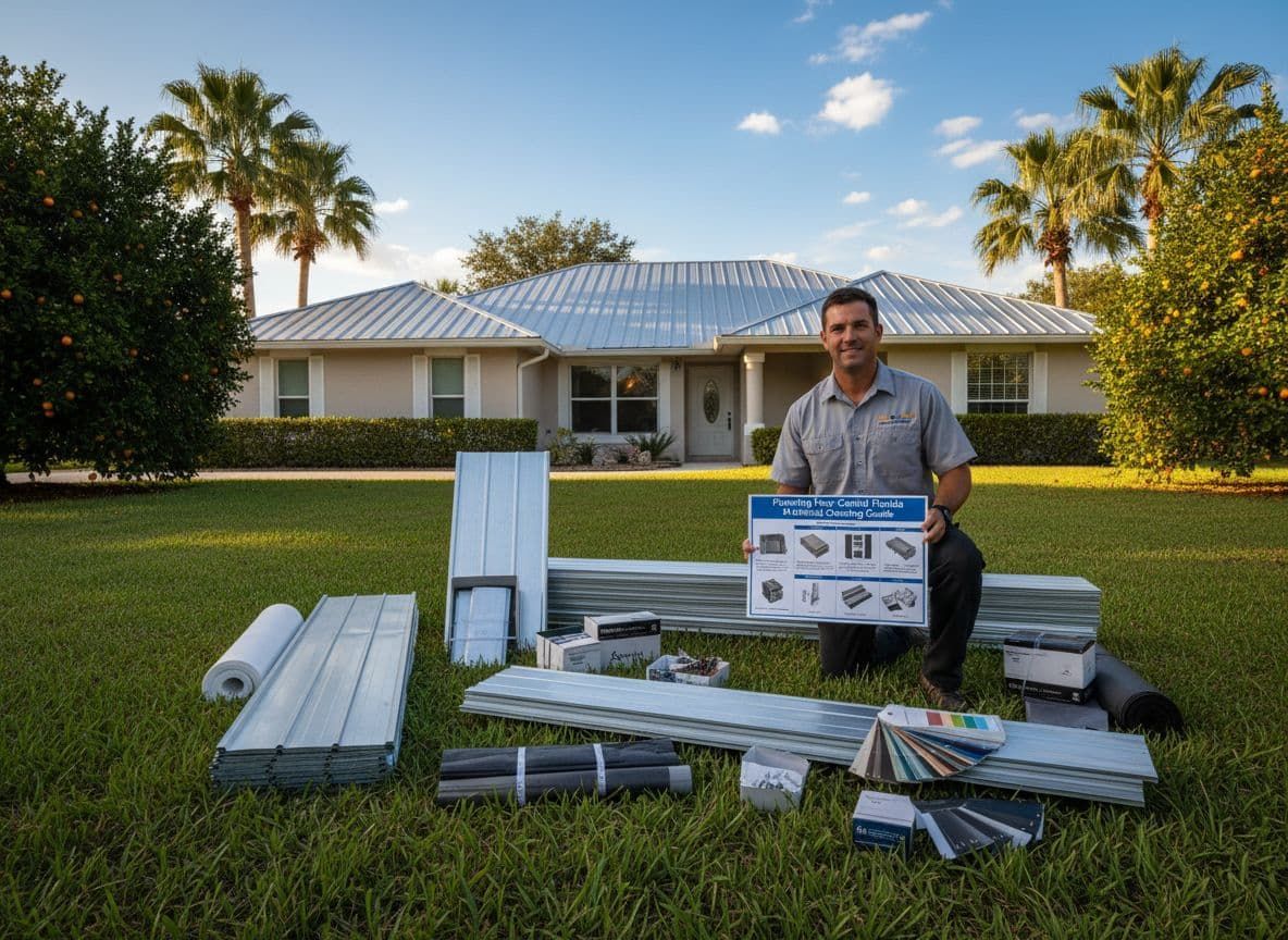 House with red metal roof, white walls, green shutters and trim, set in a grassy yard with palm trees.