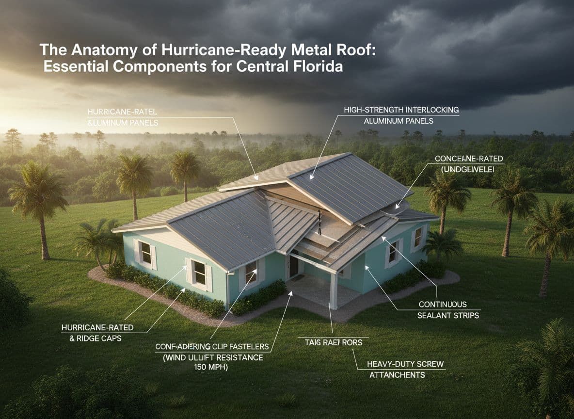 Tropical-style house with blue metal roof, tan walls, light wood garage door, palm trees.