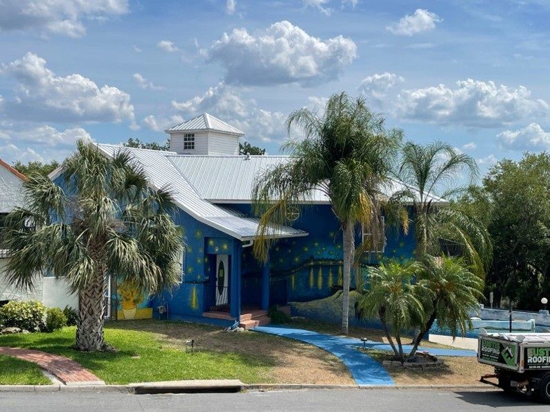 Blue house with a starry night mural, palm trees, and a white roof.