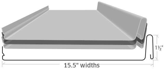 Diagram of a metal roofing panel with a cross-section showing dimensions, 15