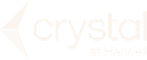 Logo reading “crystal at Hanwell” in pale peach with geometric triangular mark on white background