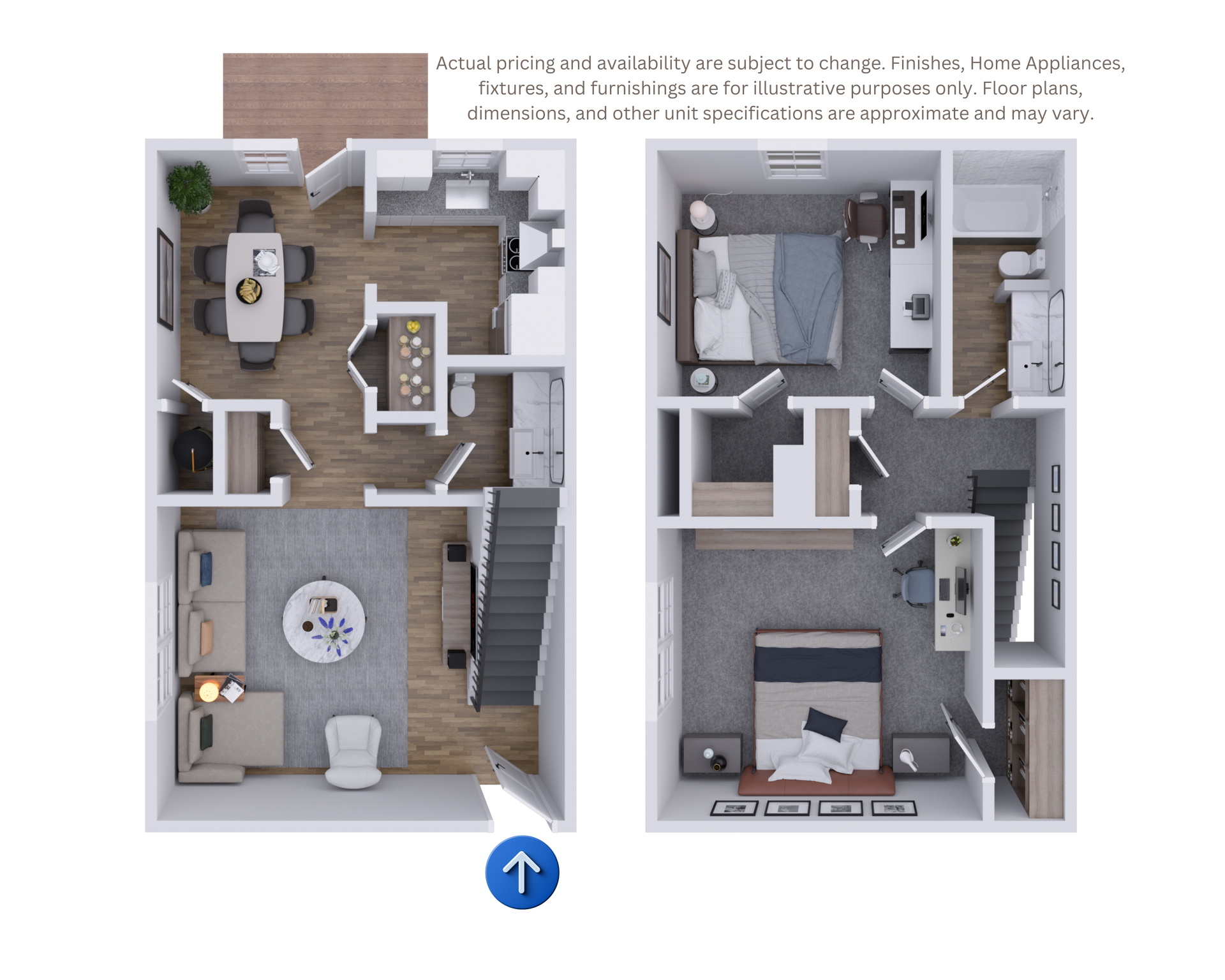 Floor plan of a two-story apartment with living room, kitchen, bedrooms, stairs, and baths.