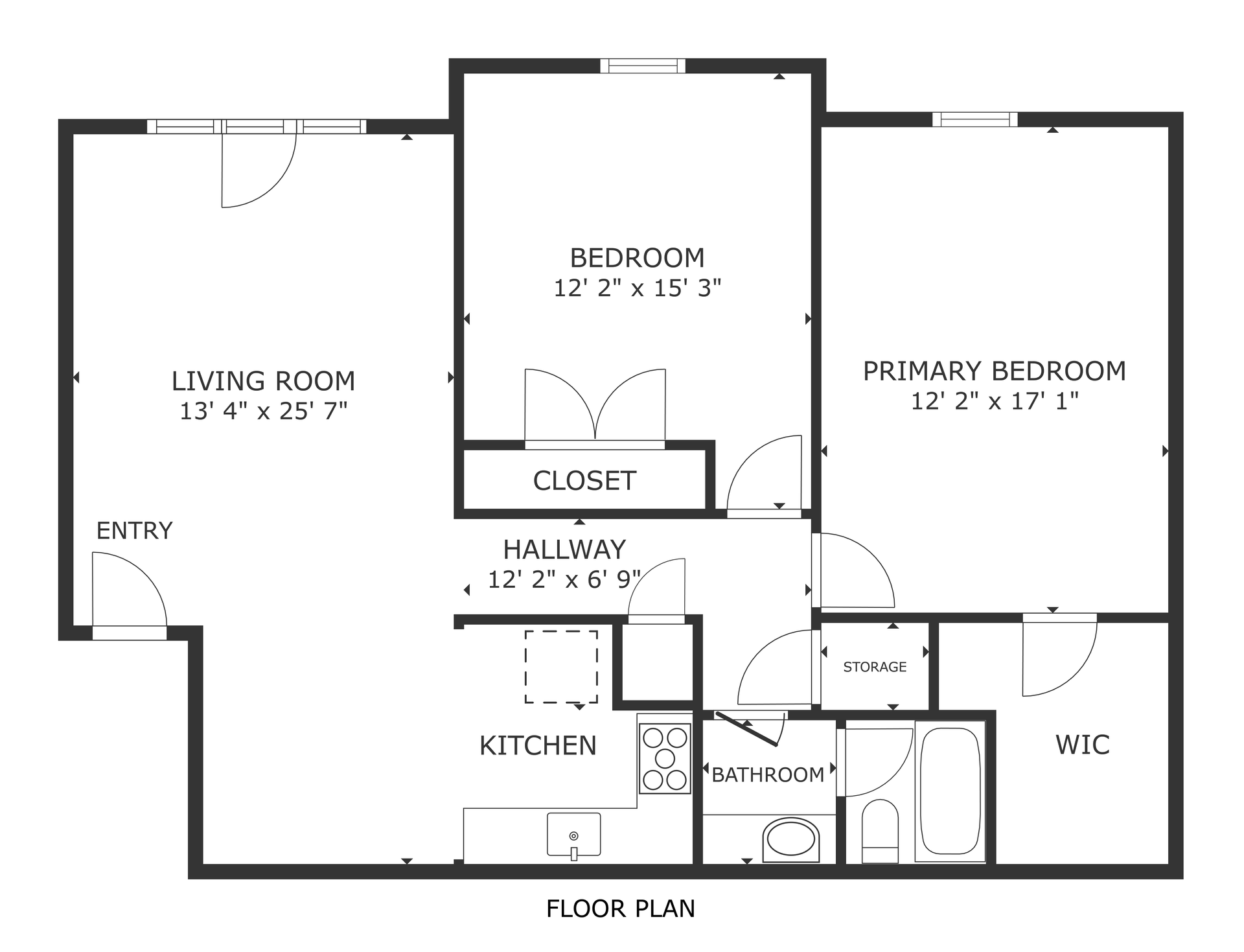 Floor plan of a home with living room, kitchen, hallway, bedroom, primary bedroom, bath, and walk-in closet.