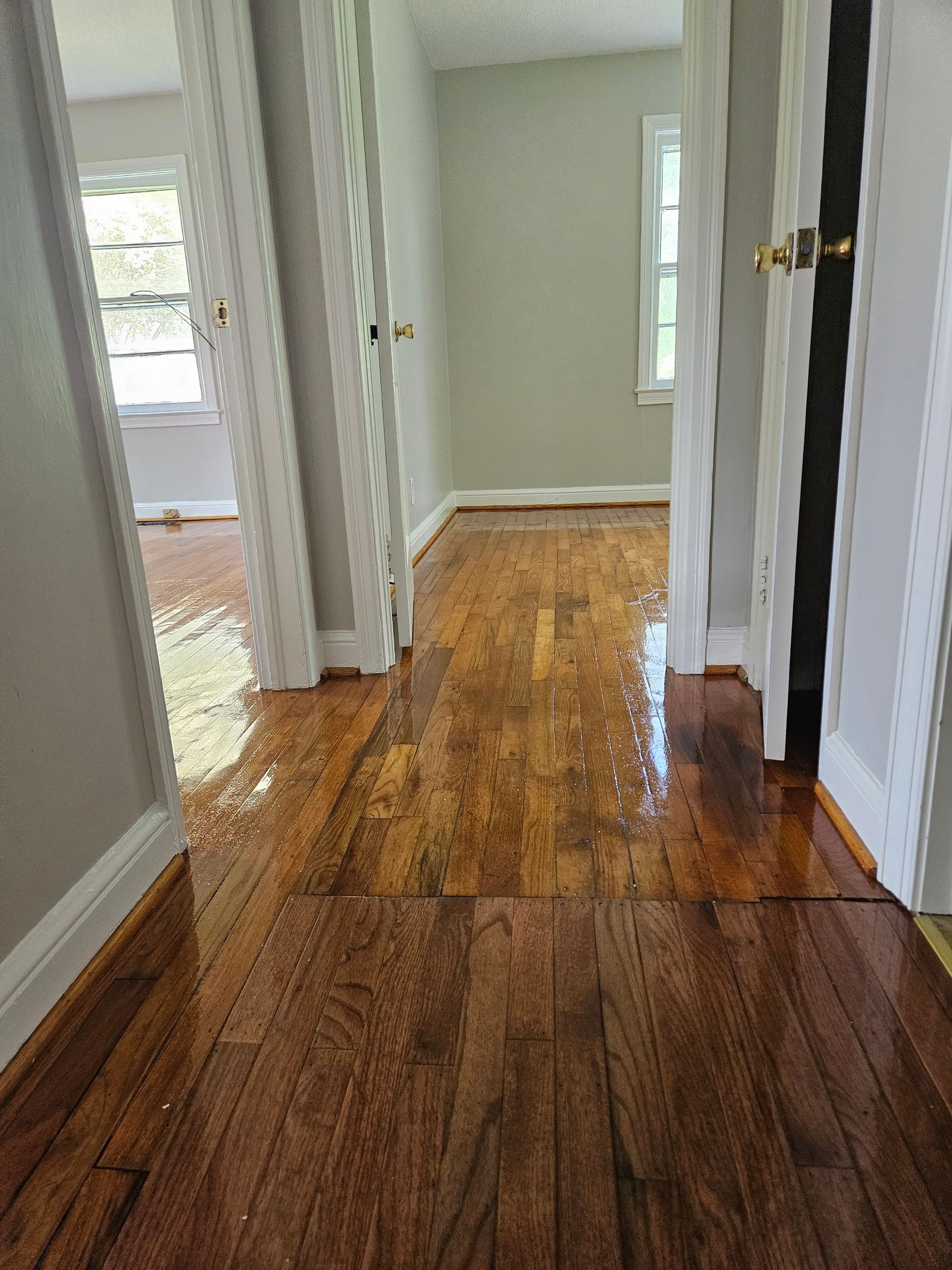 A hallway with hardwood floors and white walls in a house.