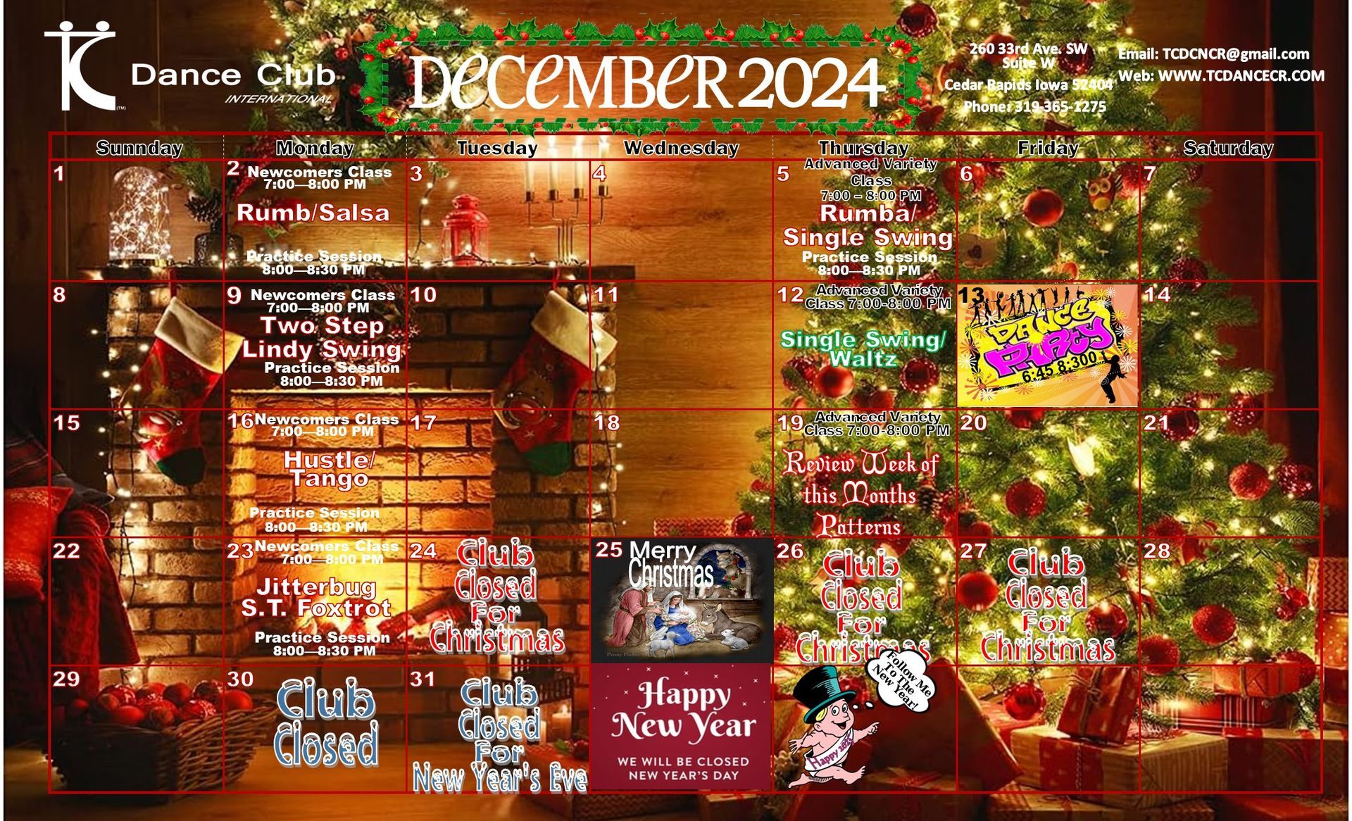 A calendar for the dance club for december 2024