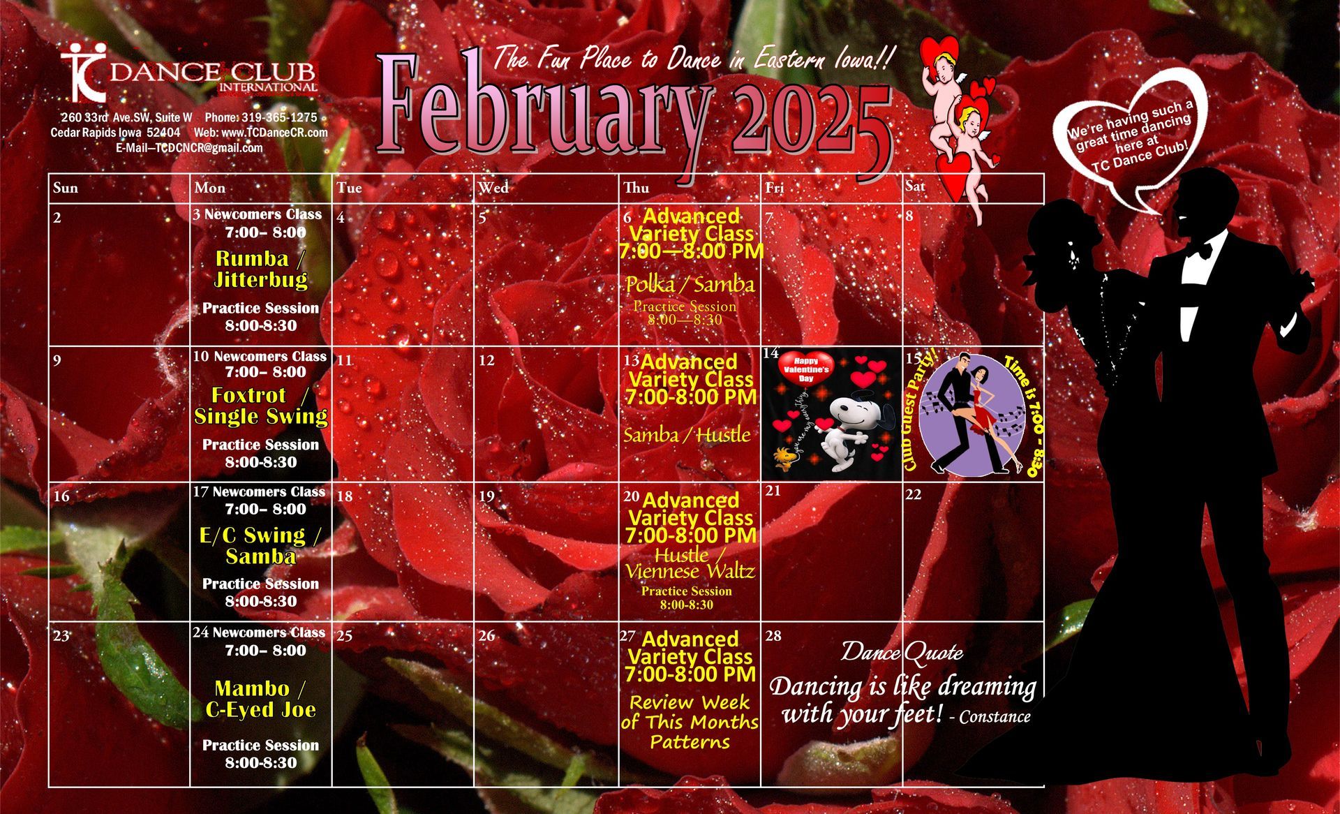 A calendar for the dance club for february 2025