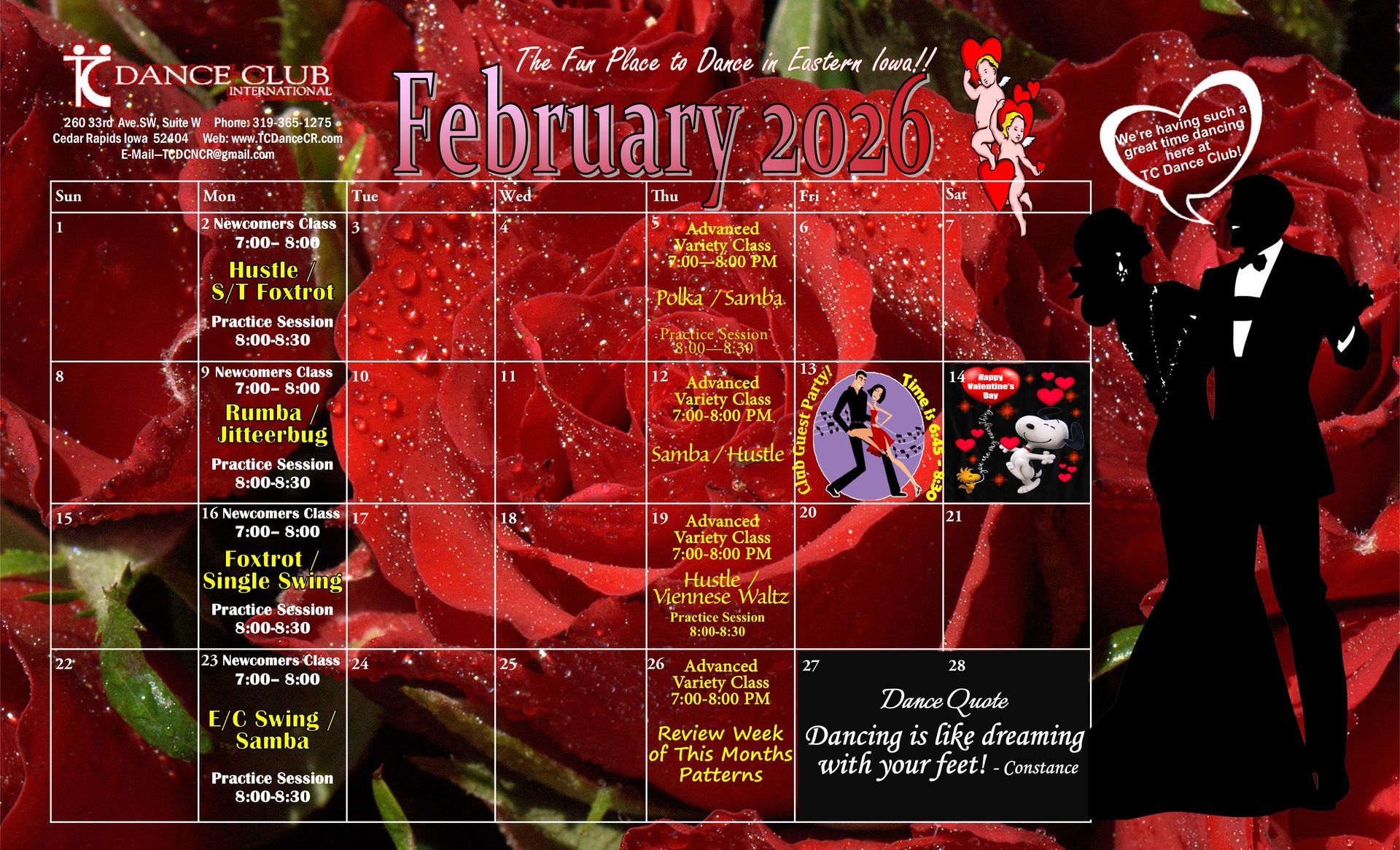 A calendar for the dance club for February 2026 A calendar for the dance club for February 2026
