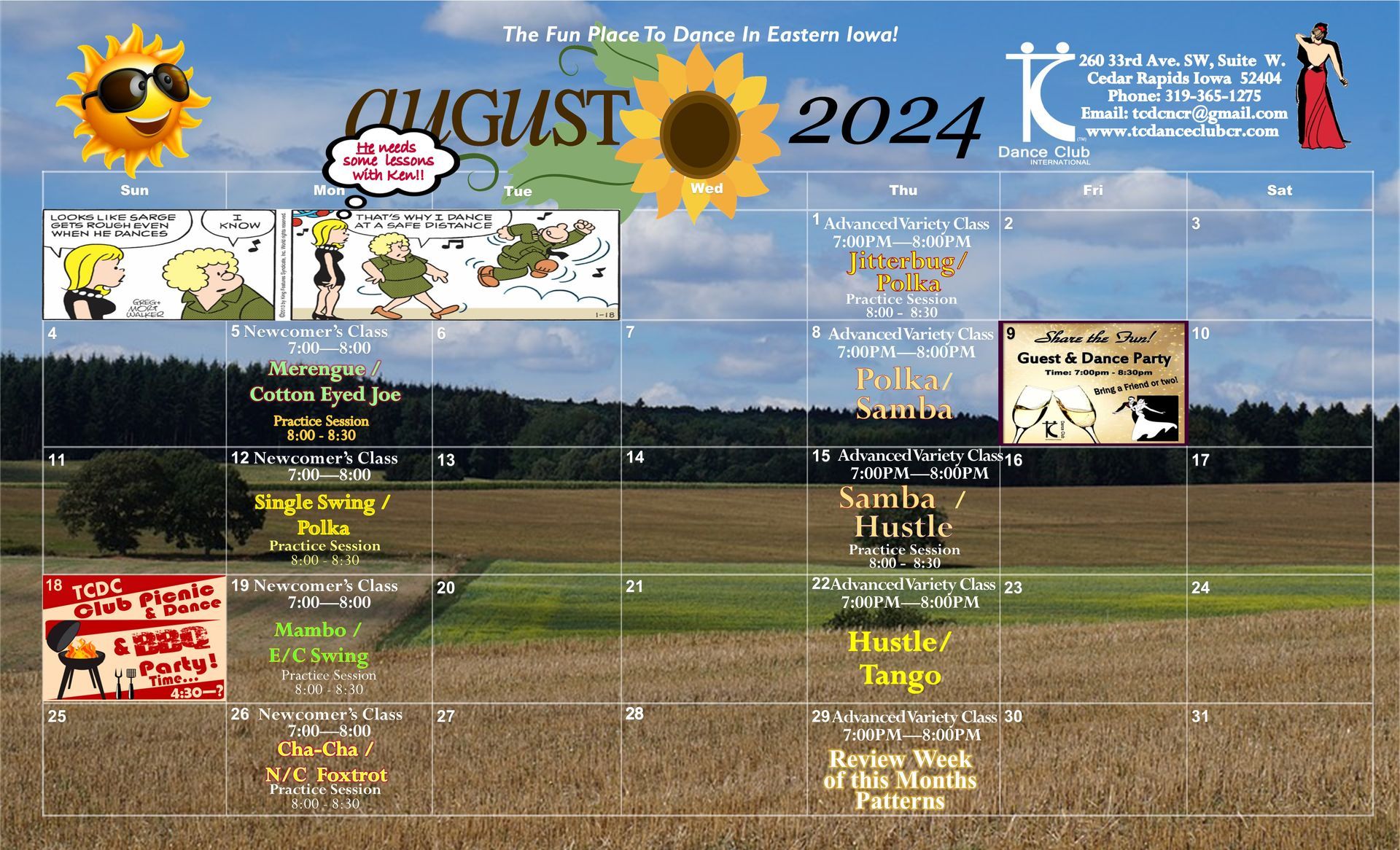 a calendar for August  2024 with patrick 's day on it - Cedar Rapids, IA - TC Dance Club Intl