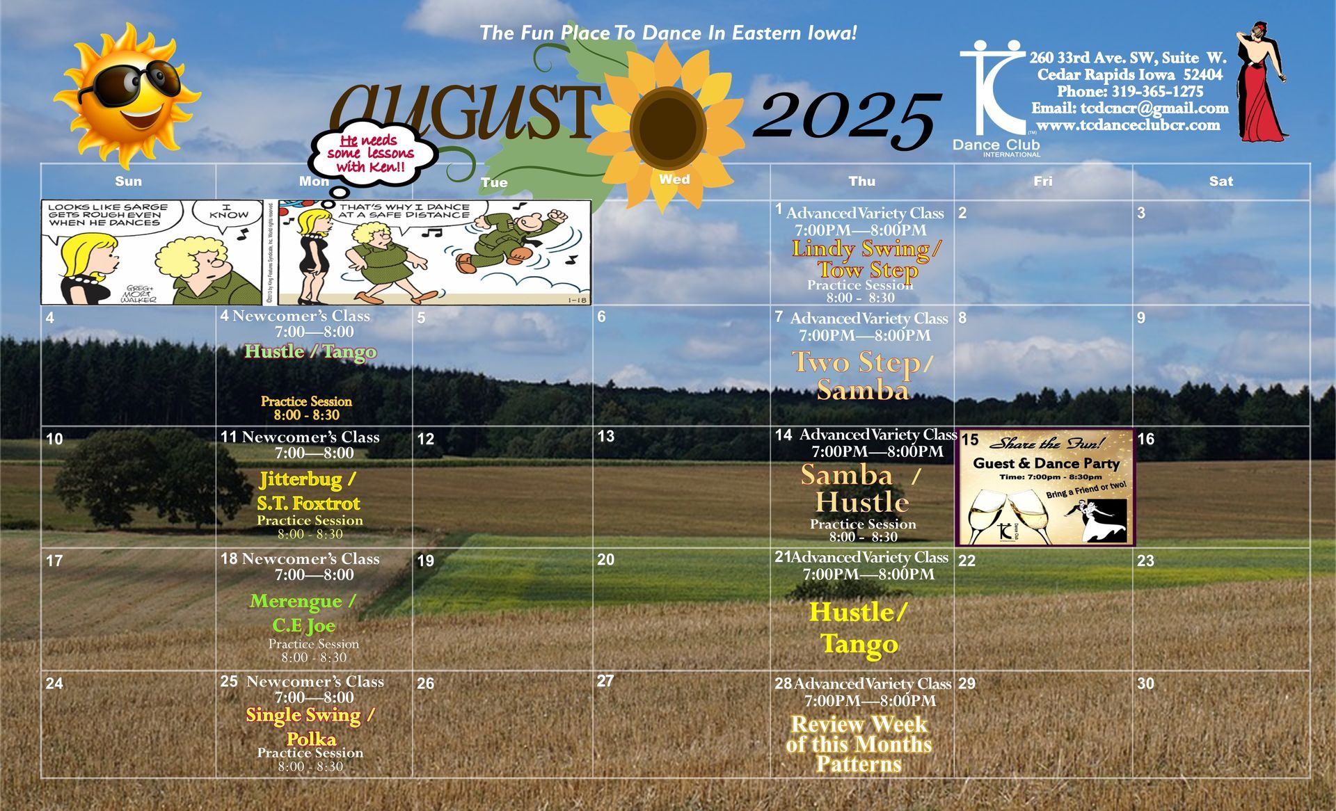 A calendar for the dance club for August 2025