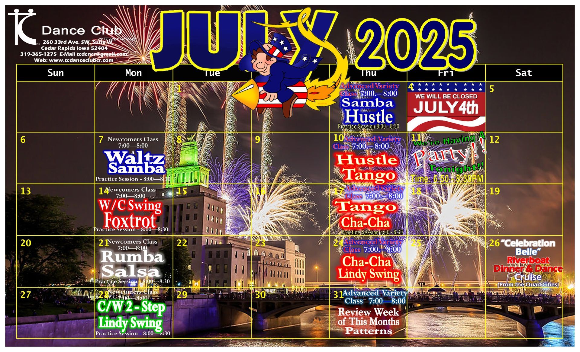 A calendar for the dance club for July 2025