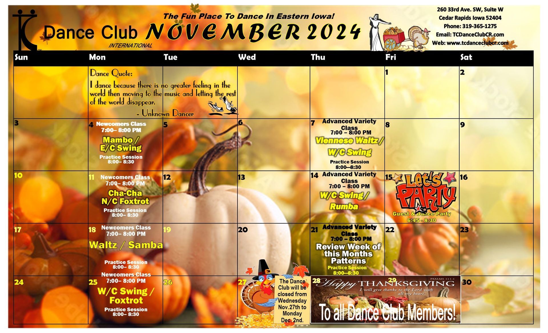 A calendar for the dance club for november 2024