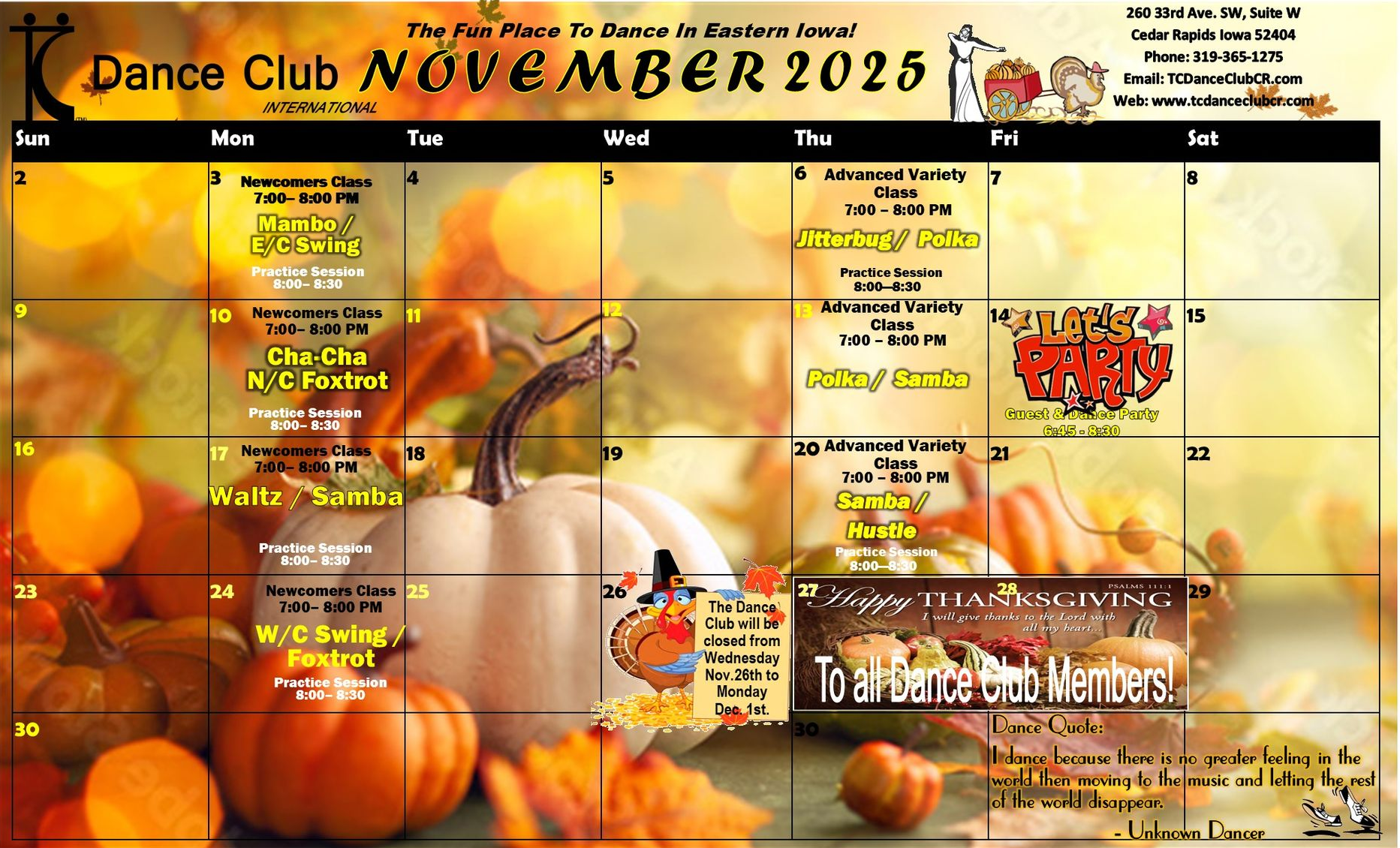 A calendar for the dance club for November 2025 A calendar for the dance club for November 2025