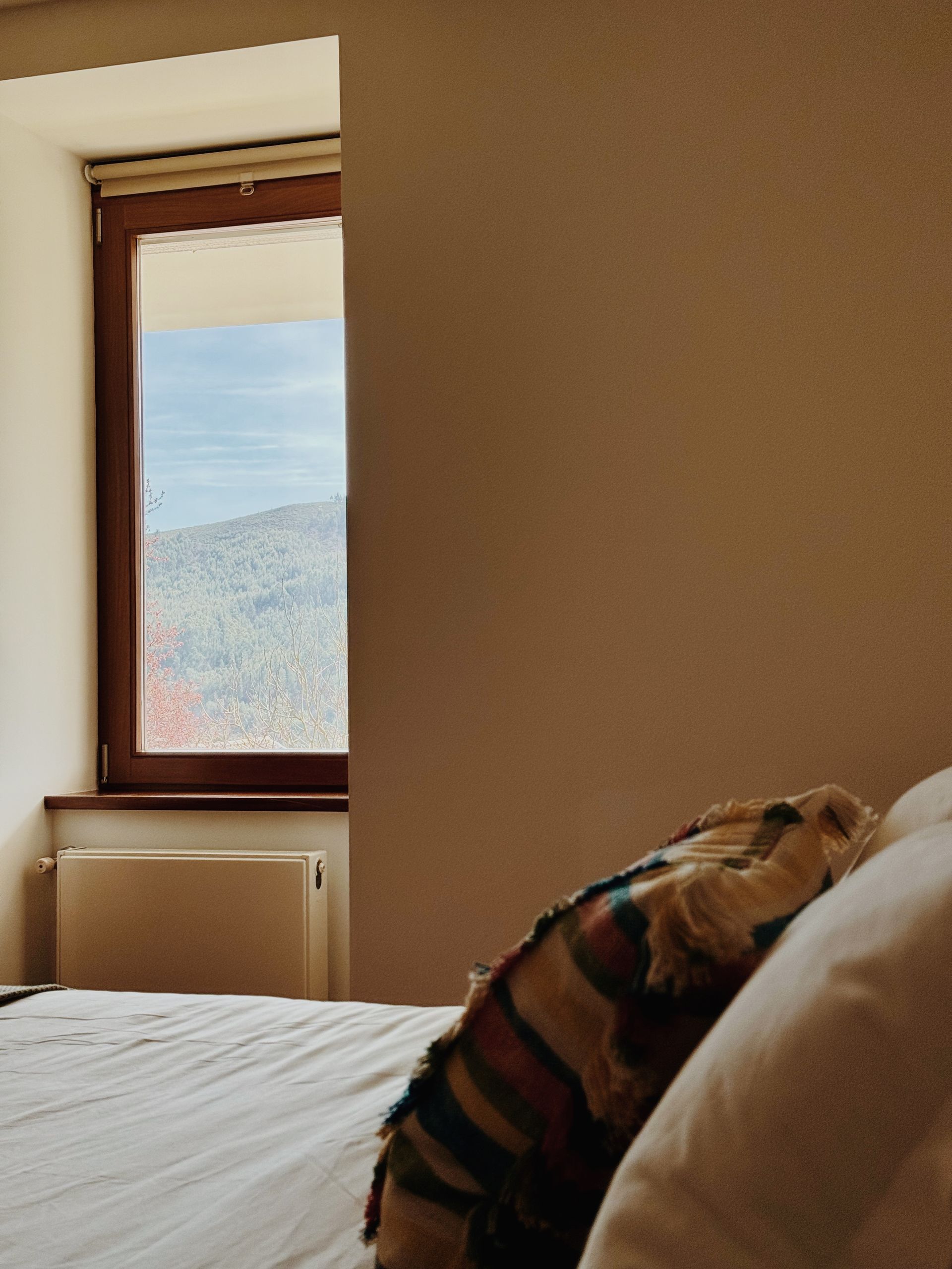 Um quarto com uma cama e uma janela com montanhas ao fundo