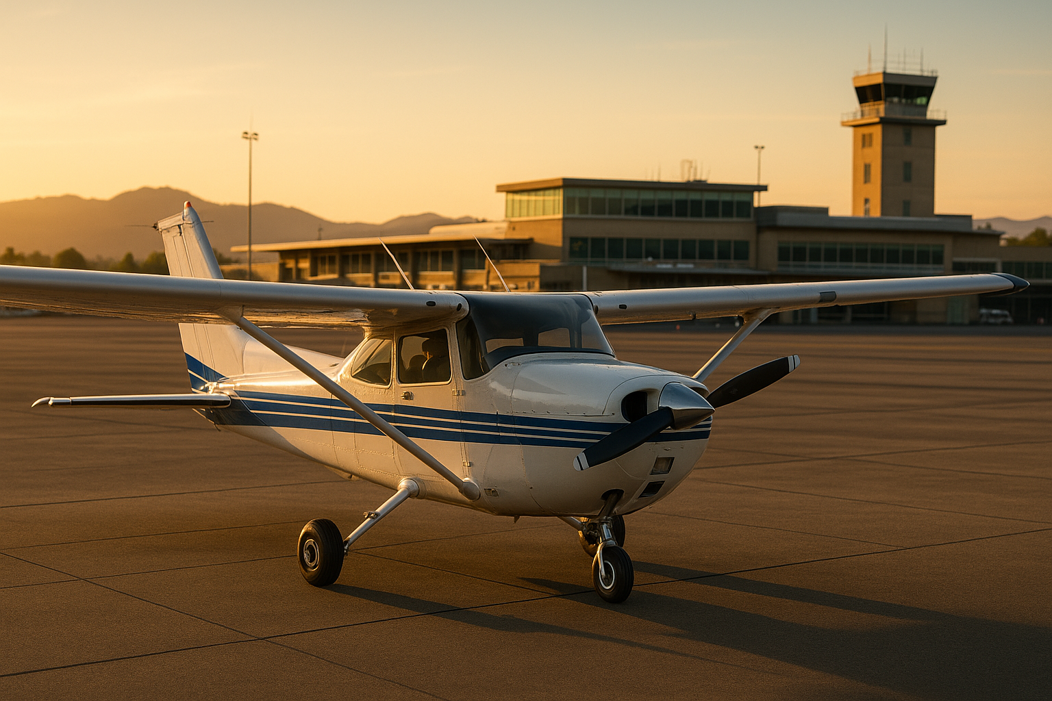 White-and-blue Cessna 172 on the ramp at Eugene Airport (KEUG)