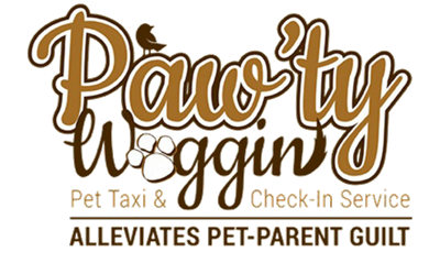 Logo for "Paw'ty Woggin'": brown cursive text with a bird, a paw print, and tagline "Pet Taxi & Check-In Service."
